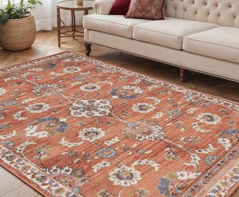 5' X 8' Ivory Blue and Orange Floral Power Loom Area Rug