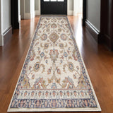 10' Ivory Navy and Orange Floral Power Loom Runner Rug