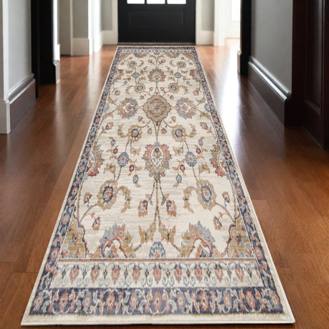 10' Ivory Navy and Orange Floral Power Loom Runner Rug