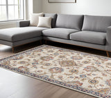 6' X 9' Ivory Tan And Blue Floral Area Rug