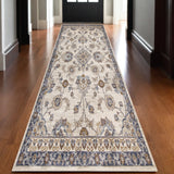 10' Ivory And Charcoal Floral Runner Rug