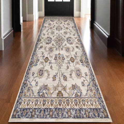 10' Ivory And Charcoal Floral Runner Rug