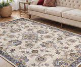 5' X 8' Ivory Charcoal And Blue Floral Area Rug