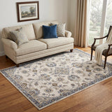 5' X 8' Ivory Charcoal And Blue Floral Area Rug