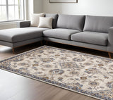 6' X 9' Ivory Charcoal And Blue Floral Area Rug