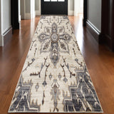 10' Ivory Gray And Black Floral Medallion Runner Rug