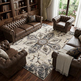 8' X 10' Ivory Gray And Brown Floral Medallion Area Rug