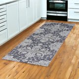 10' Ivory Gray And Purple Floral Medallion Runner Rug
