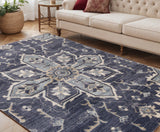5' X 8' Ivory Gray And Blue Floral Medallion Area Rug