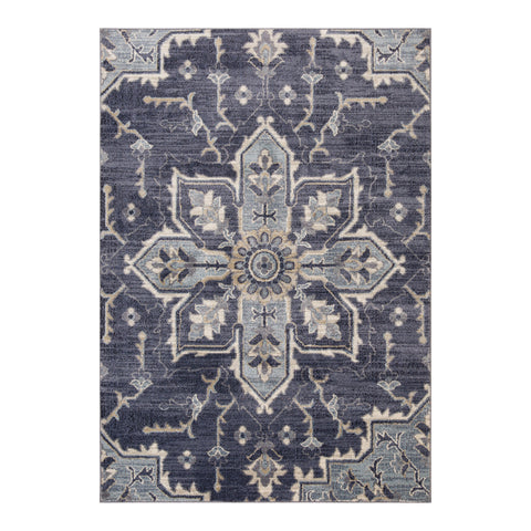 5' X 8' Ivory Gray And Blue Floral Medallion Area Rug