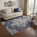 5' X 8' Ivory Gray And Blue Floral Medallion Area Rug