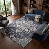 8' X 10' Ivory Gray And Blue Floral Medallion Area Rug