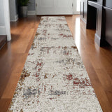 10' Ivory Red And Gold Abstract Runner Rug
