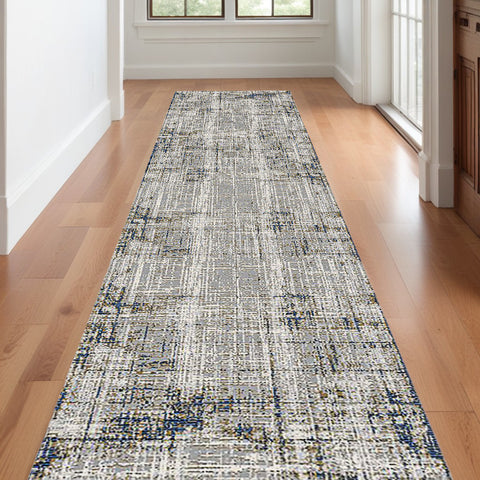 10' Ivory Blue And Gray Abstract Runner Rug