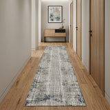 10' Ivory Blue And Gray Abstract Runner Rug