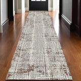 10' Ivory Red And Gray Abstract Runner Rug
