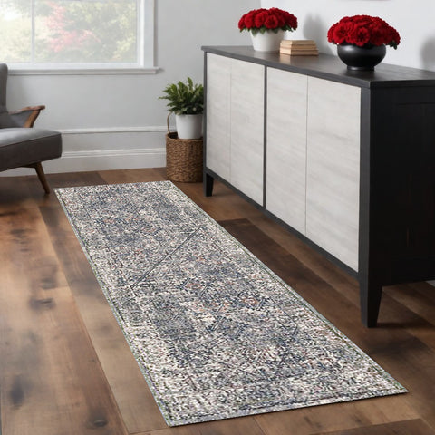 8' Ivory Gray And Rust Oriental Runner Rug