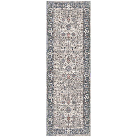 8' Ivory Blue And Gray Oriental Runner Rug