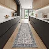 8' Ivory Blue And Gray Oriental Runner Rug