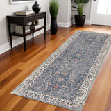 8' Ivory Charcoal And Brick Red Oriental Runner Rug
