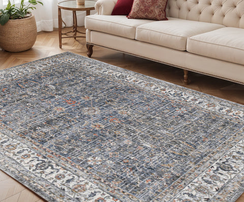 5' X 8' Ivory Charcoal And Brick Red Oriental Area Rug