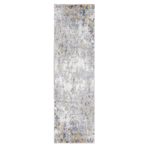 8' Ivory Blue And Yellow Abstract Runner Rug
