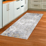 8' Ivory Blue And Yellow Abstract Runner Rug