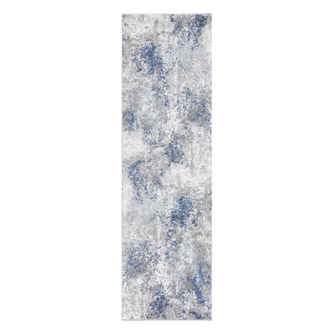 8' Ivory Blue And Gray Abstract Runner Rug