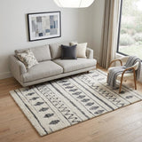 5' X 8' Cream Black And Gray Geometric Shag Area Rug