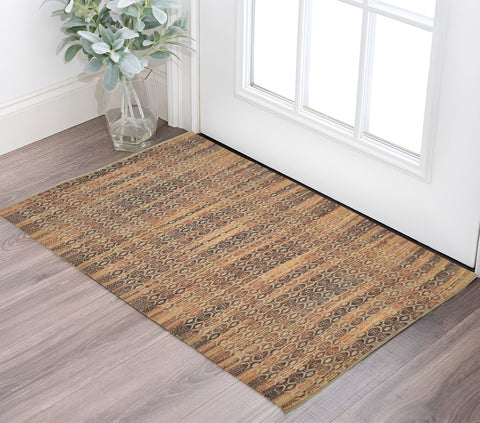 2' X 3' Brown Natural And Orange Jute Blend Geometric Flatweave Handmade Area Rug
