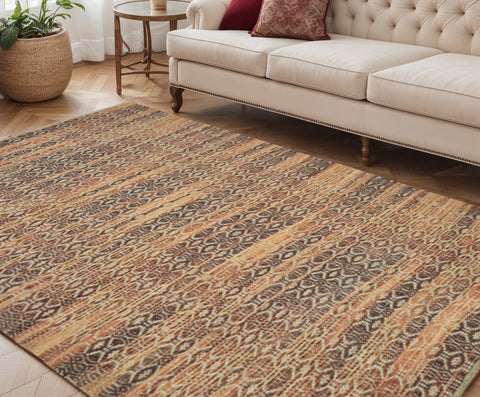5' X 8' Tan And Red Jute Geometric Flatweave Handmade Area Rug