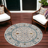 7' Ivory And Yellow Oriental Distressed Round Rug
