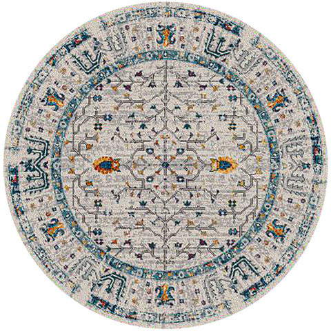 7' Ivory And Yellow Oriental Distressed Round Rug