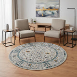 7' Ivory And Yellow Oriental Distressed Round Rug