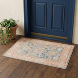 2' X 3' Coral And Blue Oriental Distressed Area Rug