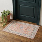 2' X 3' Coral And Blue Oriental Distressed Area Rug