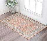 2' X 3' Coral And Blue Oriental Distressed Area Rug