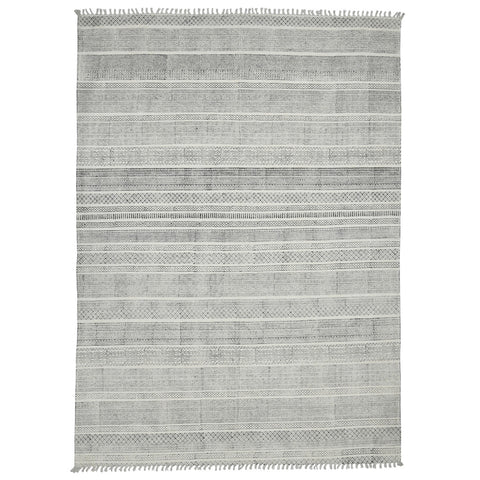 2' X 3' Ivory Black And Gray Geometric Flatweave Handmade Distressed Area Rug With Fringe