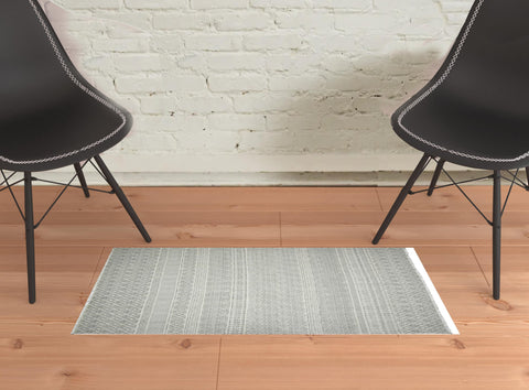 2' X 3' Gray And Ivory Geometric Flatweave Handmade Distressed Area Rug With Fringe