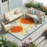 6' X 9' Teal And Orange Sea Turtle Indoor Outdoor Area Rug