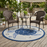 5' Navy Blue And Light Blue Round Sea Turtle Indoor Outdoor Area Rug