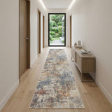 10' Ivory Blue And Brown Abstract Runner Rug
