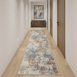12' Ivory Blue And Brown Abstract Distressed Runner Rug