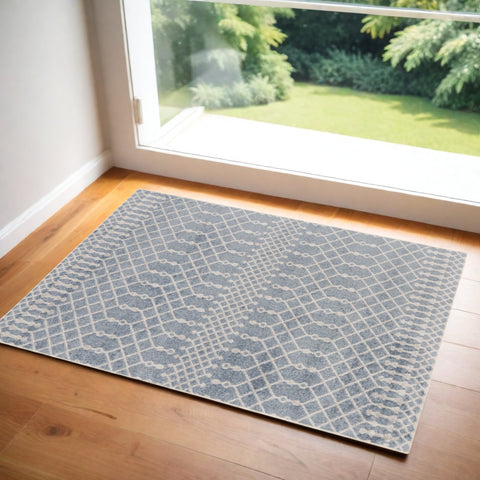 3' X 5' Blue And Ivory Moroccan Washable Area Rug
