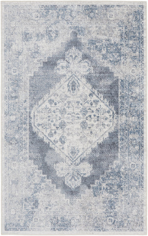 5' X 7' Blue and Ivory Abstract Power Loom Washable Area Rug