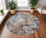 8' Tan Ivory And Black Abstract Distressed Washable Round Rug