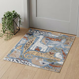 3' X 5' Ivory Blue and Gray Kids Safar Animal Print Washable Area Rug