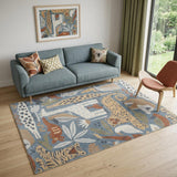 5' X 7' Ivory Blue and Gray Kids Jungle Animal Print Washable Area Rug