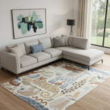7' X 9' Ivory Blue And Beige Animal Print Area Rug