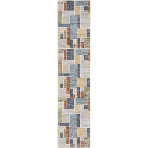 8' Blue And Green Geometric Washable Runner Rug